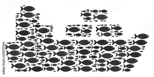 Ship vector mosaic built with random fish elements in different sizes. Fish icons are formed into abstract ship shape.