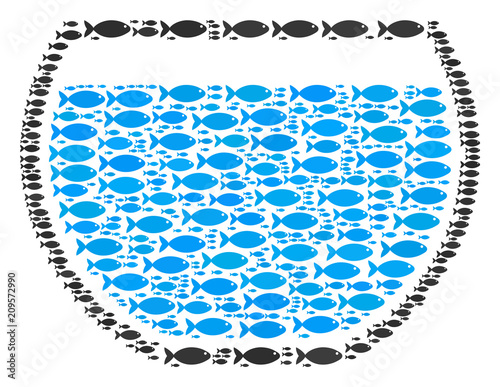 Water bowl vector composition created from scattered fish pictograms in heterogeneous sizes. Fish icons are grouped into abstract water bowl vector illustration.