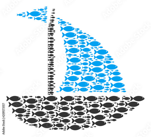 Yacht vector composition composed from scattered fish elements in different sizes. Fish icons are organized into abstract yacht vector illustration.