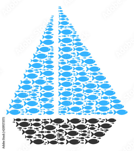 Yacht vector mosaic formed of random fish icons in variable sizes. Fish icons are organized into abstract yacht figure.