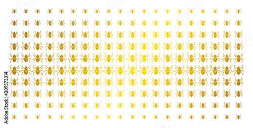 Mite tick icon golden halftone pattern. Vector mite tick items are arranged into halftone array with inclined golden gradient. Designed for backgrounds, covers, templates and beautiful compositions.