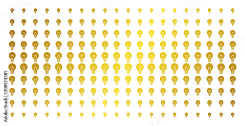 Electric bulb icon gold colored halftone pattern. Vector electric bulb shapes are arranged into halftone matrix with inclined golden gradient. Designed for backgrounds, covers,