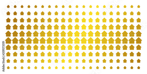 Cabin icon gold colored halftone pattern. Vector cabin shapes are arranged into halftone array with inclined golden gradient. Constructed for backgrounds, covers, templates and beautiful compositions.