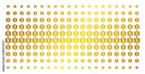 Financial settings gear icon gold colored halftone pattern. Vector financial settings gear pictograms are organized into halftone grid with inclined golden gradient. Constructed for backgrounds,