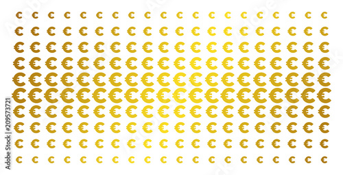 Euro icon gold colored halftone pattern. Vector Euro shapes are organized into halftone matrix with inclined golden gradient. Designed for backgrounds, covers, templates and abstract compositions.
