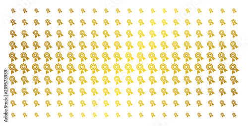 Quality icon gold halftone pattern. Vector quality objects are arranged into halftone grid with inclined gold color gradient. Designed for backgrounds, covers, templates and abstract compositions.