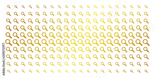 Search icon golden halftone pattern. Vector search pictograms are arranged into halftone grid with inclined golden gradient. Designed for backgrounds, covers, templates and beautiful compositions.
