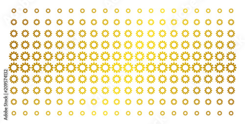 Cog icon golden halftone pattern. Vector cog shapes are arranged into halftone array with inclined gold gradient. Designed for backgrounds, covers, templates and bright concepts.