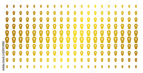 Coffin icon gold colored halftone pattern. Vector coffin objects are arranged into halftone grid with inclined golden gradient. Constructed for backgrounds, covers, templates and bright compositions.