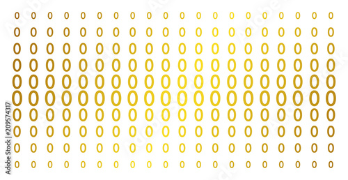 Zero digit icon golden halftone pattern. Vector zero digit shapes are organized into halftone matrix with inclined gold color gradient. Constructed for backgrounds, covers,