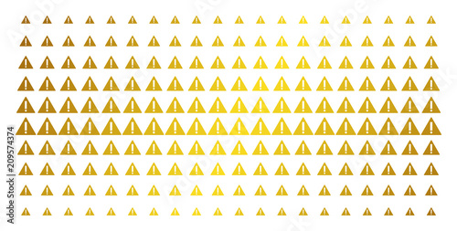Warning icon gold halftone pattern. Vector warning items are arranged into halftone array with inclined golden gradient. Designed for backgrounds, covers, templates and bright concepts.