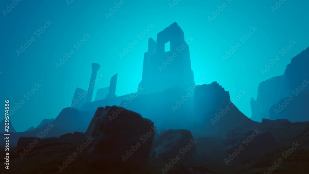 Old Ruin Under The Sea. Submerged civilization in deep blue waters. Archeology.