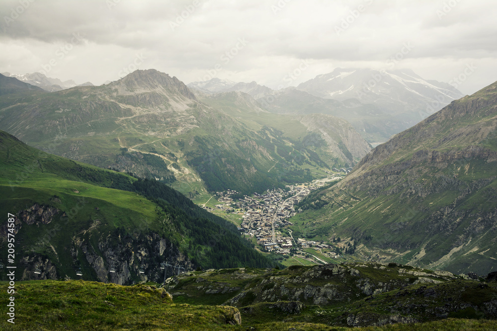 General view of Val d'Isere commune of the Tarentaise Valley, in the Savoie department (Auvergne-Rhône-Alpes region) in southeastern France. General view of Val d'Isere commune of the Tarentaise Valley, in the Savoie department (Auvergne-Rhône-Alpes region) in southeastern France.
