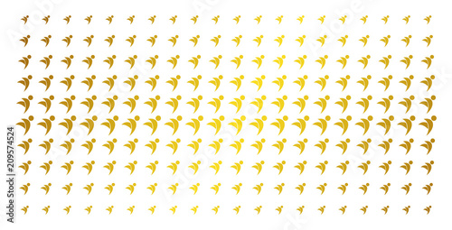 Winged man icon golden halftone pattern. Vector winged man objects are organized into halftone grid with inclined golden gradient. Constructed for backgrounds, covers,