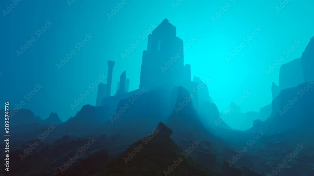 Old Ruin Under The Sea. Submerged civilization in deep blue waters. Archeology.