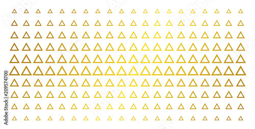 Contour triangle icon golden halftone pattern. Vector contour triangle shapes are organized into halftone grid with inclined gold color gradient. Constructed for backgrounds, covers,