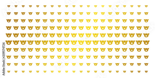 Pig head icon gold colored halftone pattern. Vector pig head shapes are arranged into halftone array with inclined golden gradient. Designed for backgrounds, covers,