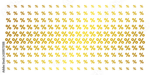 Percent icon gold halftone pattern. Vector percent pictograms are organized into halftone grid with inclined golden gradient. Designed for backgrounds, covers, templates and luxury compositions.