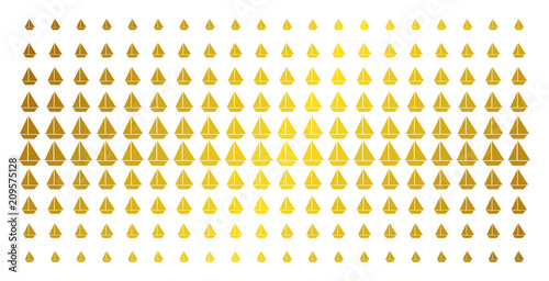Yacht icon gold colored halftone pattern. Vector yacht shapes are arranged into halftone matrix with inclined gold color gradient. Designed for backgrounds, covers, templates and bright concepts.