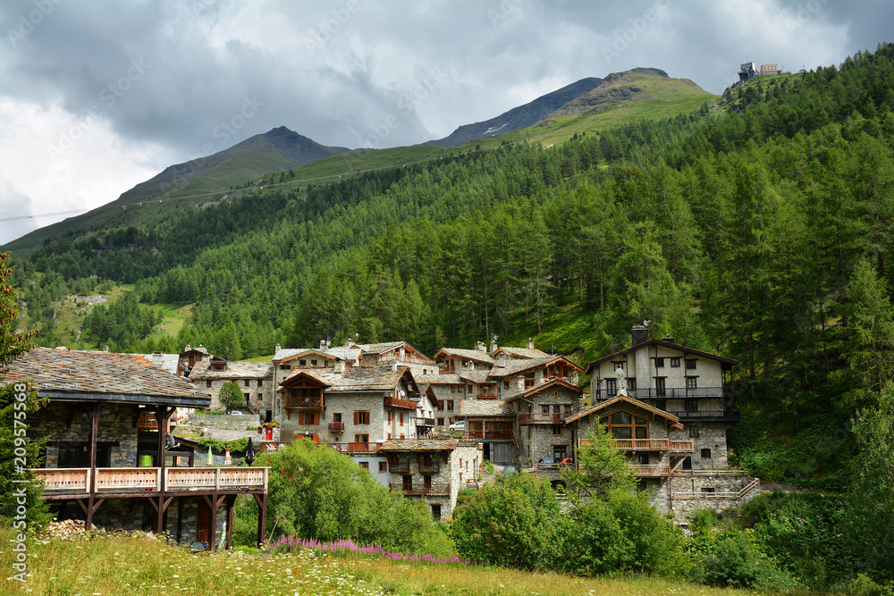 View of old part of Val d'Isere, ski resort, and commune of the Tarentaise Valley, in the Savoie department (Auvergne-Rhone-Alpes region) in southeastern France.