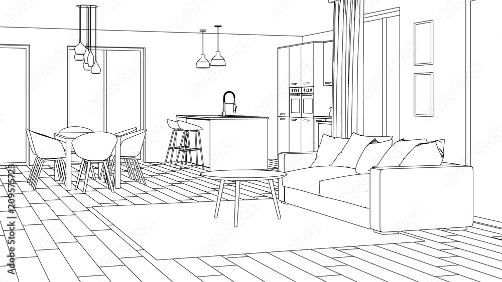 Modern house interior. Design project. Sketch. 3D rendering. Modern house interior. Design project. Sketch. 3D rendering.