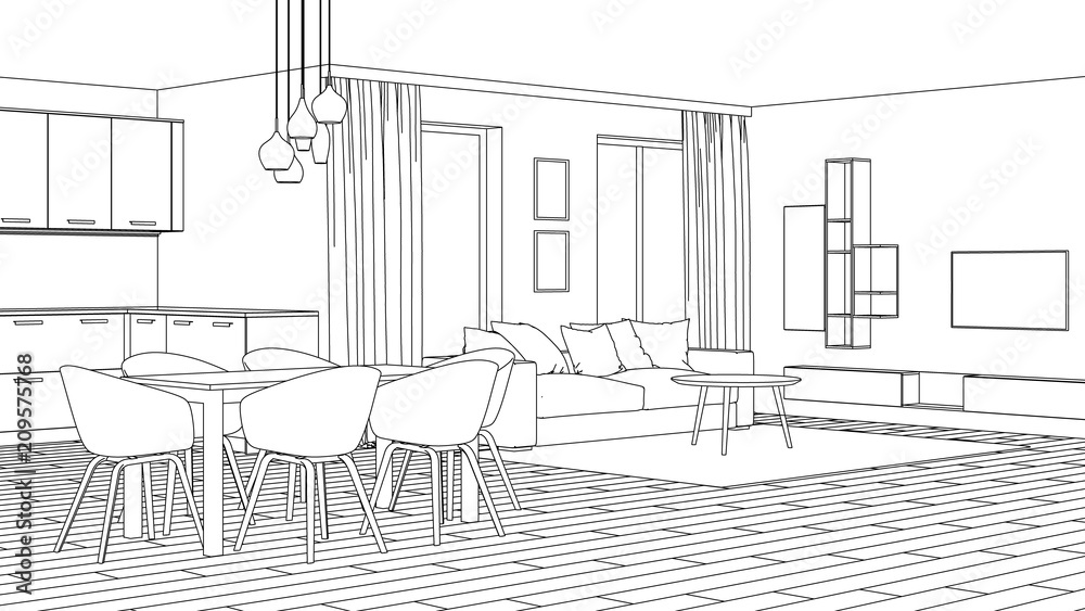 Modern house interior. Design project. Sketch. 3D rendering.