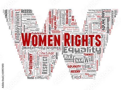 Vector conceptual women rights, equality, free-will letter font W red word cloud isolated background. Collage of feminism, empowerment, opportunities, awareness, courage, education, respect concept