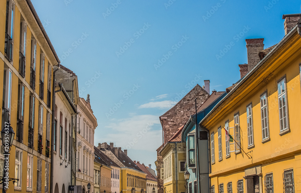 small cozy street in old city district with colorful houses in bright summer day