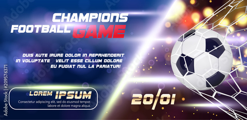 Soccer or Football wide Banner or flyer design with 3d ball on golden blue background. Football game match goal moment with realistic ball in the net and place for text