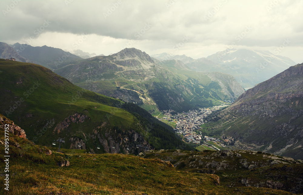 General view of Val d'Isere commune of the Tarentaise Valley, in the Savoie department (Auvergne-Rhône-Alpes region) in southeastern France. General view of Val d'Isere commune of the Tarentaise Valley, in the Savoie department (Auvergne-Rhône-Alpes region) in southeastern France.
