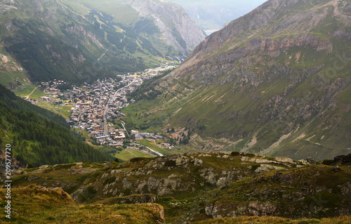 General view of Val d'Isere commune of the Tarentaise Valley, in the Savoie department (Auvergne-Rhône-Alpes region) in southeastern France.