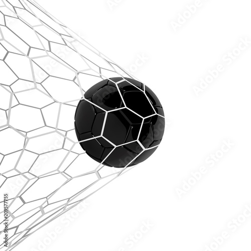 Vector Realistic black soccer ball or football ball in net on black background. 3d Style vector Ball
