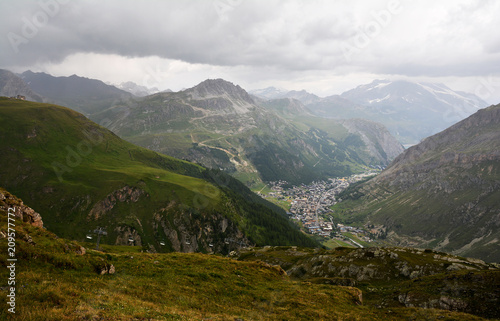 General view of Val d'Isere commune of the Tarentaise Valley, in the Savoie department (Auvergne-Rhône-Alpes region) in southeastern France.