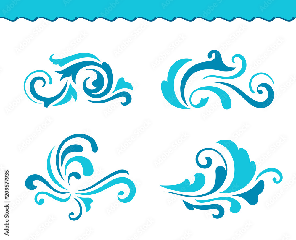 Set of wave icons, curly water splashes on white Set of wave icons, curly water splashes on white