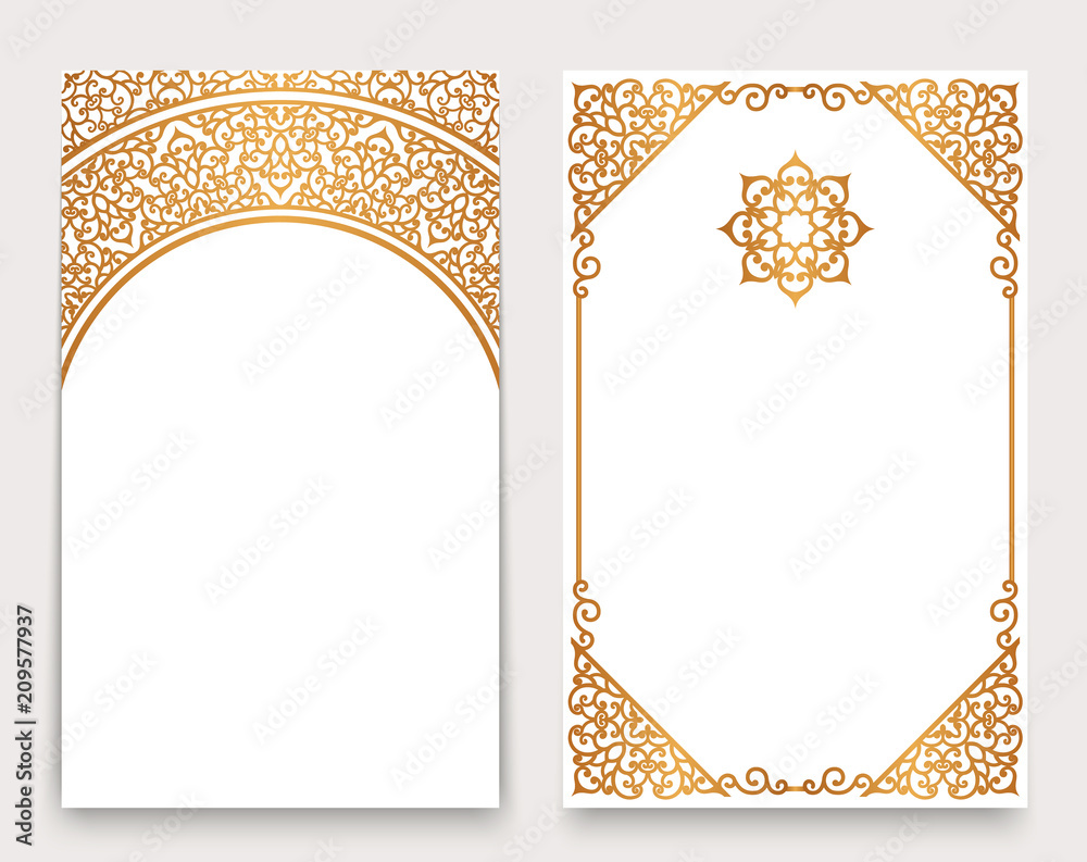 Golden invitation cards with border ornament in arabic style
