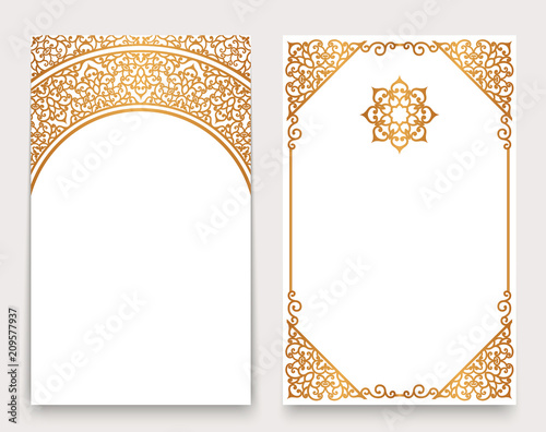 Golden invitation cards with border ornament in arabic style