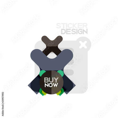 Flat design cross shape geometric sticker icon, paper style design with buy now sample text, for business or web presentation, app or interface buttons