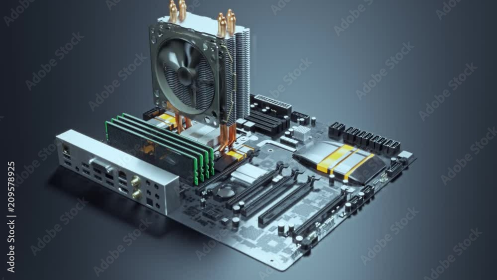 Assembling motherboard units. Includes GPU, CPU, cooler, RAM. 4k Animation. Assembling motherboard units. Includes GPU, CPU, cooler, RAM. 4k Animation.