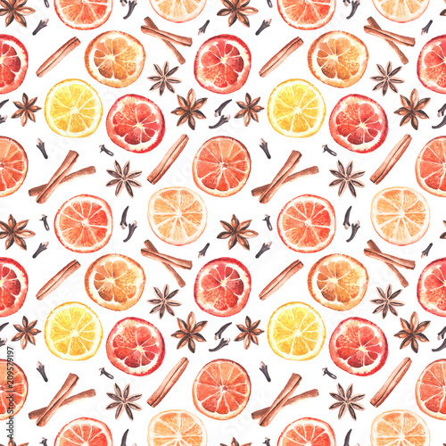 Seamless pattern made of elements for mulled wine, in watercolor style.