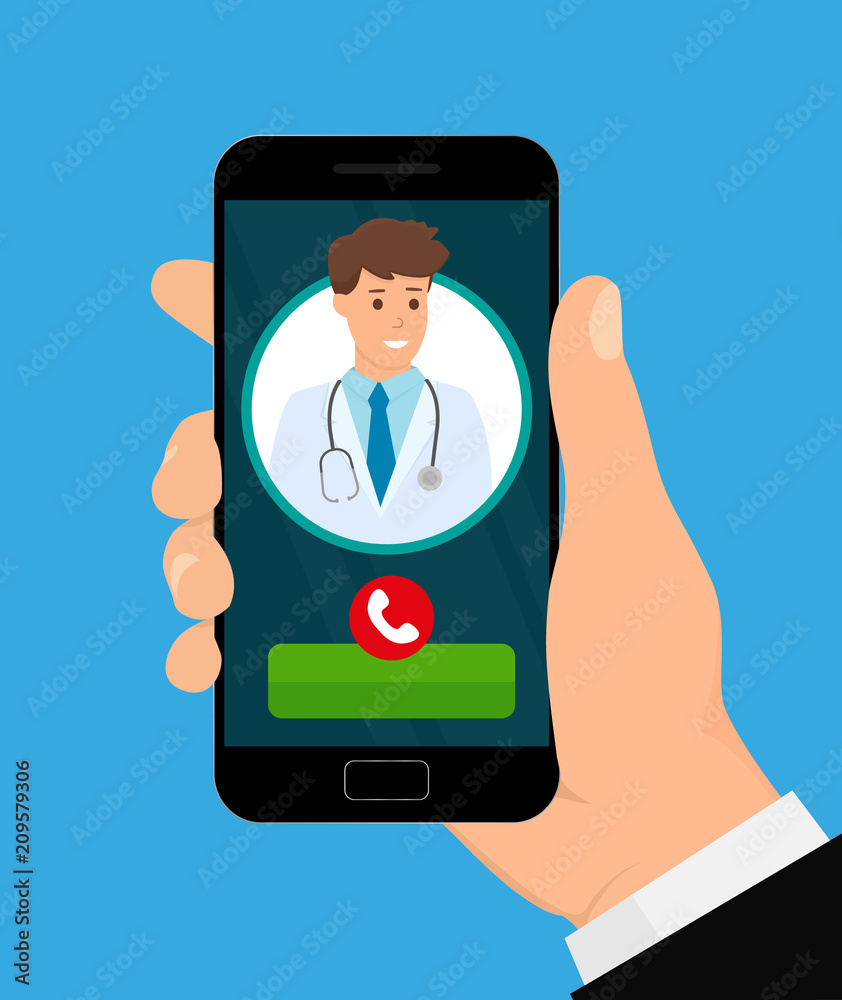 Online mobile medical concept. Hand holding mobile phone with app for healthcare. Vector illustration in flat style. EPS10.