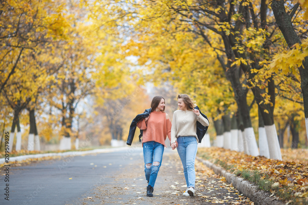 Fototapeta premium Young pretty girls having fun outdoors in autumn background. Cheerful friends in the fall time