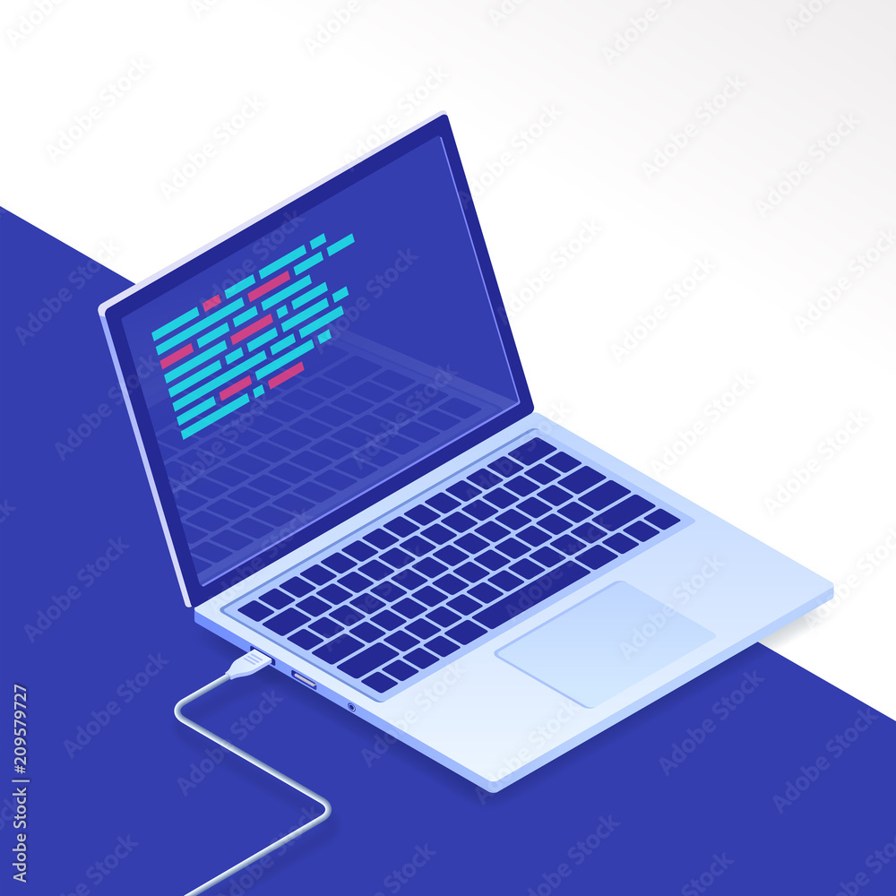 Flat isometric laptop. Conception of programming and software development, program code on laptop screen, big data processing, computing isometric. Vector illustration isolated for web page Flat isometric laptop. Conception of programming and software development, program code on laptop screen, big data processing, computing isometric. Vector illustration isolated for web page
