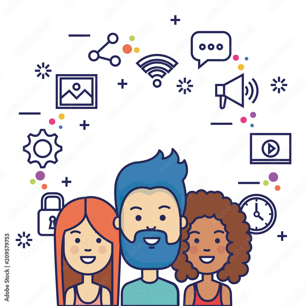 group of people with social media marketing icons vector illustration design group of people with social media marketing icons vector illustration design