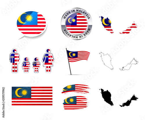 Large set of Malaysia infographics elements with flags, maps and badges on white