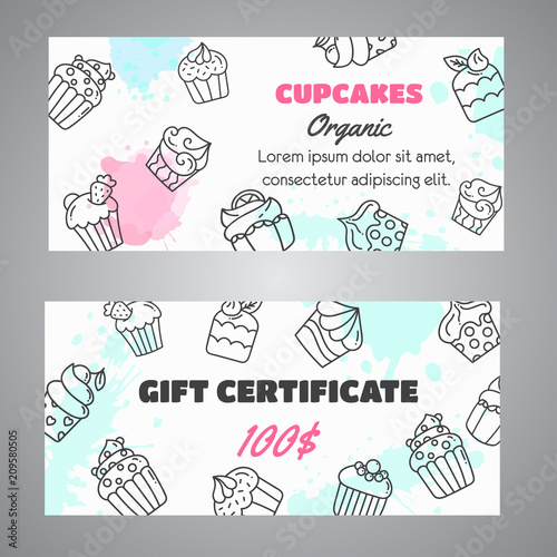 Cupcake gift certificate banners with handdrawn cupcakes and pink splashes. Bakery Desserts collection Vector