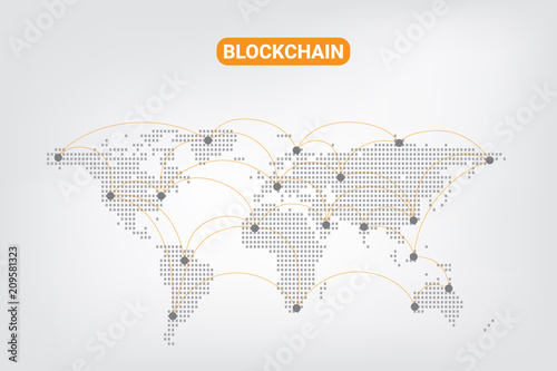 Abstract Digital money crypto currency blockchain  network technology on world map Background. vector Illustration.