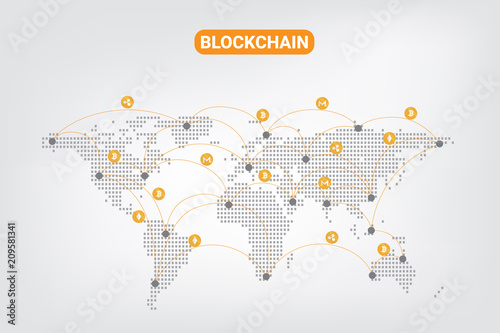 Abstract Digital money crypto currency blockchain  network technology on world dot map Background. vector Illustration.