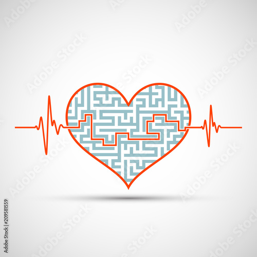 heart with a maze and line of electrocardiogram of heartbeat