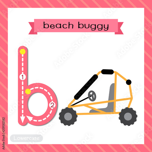 Letter B lowercase cute children colorful transportations ABC alphabet tracing flashcard of Beach Buggy for kids learning English vocabulary and handwriting Vector Illustration.