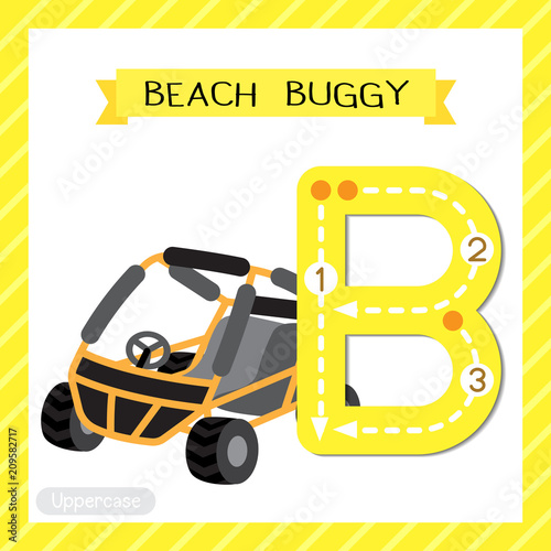 Letter B uppercase cute children colorful transportations ABC alphabet tracing flashcard of Beach Buggy for kids learning English vocabulary and handwriting Vector Illustration.